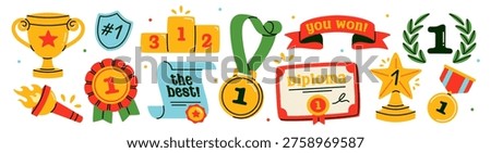 Award doodle sticker set. Icons with gold cup, diploma, trophy, winner medal and laurels. Victory in sports competition. Hand drawn vector illustration collection isolated on background
