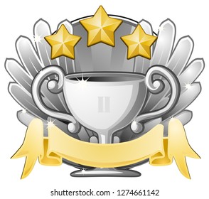Award emblem trophy, second place silver cup, color vector illustration design, horizontal, over white, isolated