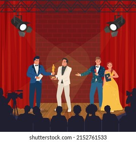 Award event. Media concept. Vector talent show participants and celebrity rewarding on podium stage background under spotlight. Cinema or theatre festival