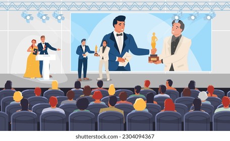 Award event on stage with beautiful people vector illustration. Famous actor getting golden prize reward, hosts at podium holding ceremony announcing cinema festival winner scene