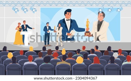 Award event on stage with beautiful people vector illustration. Famous actor getting golden prize reward, hosts at podium holding ceremony announcing cinema festival winner scene