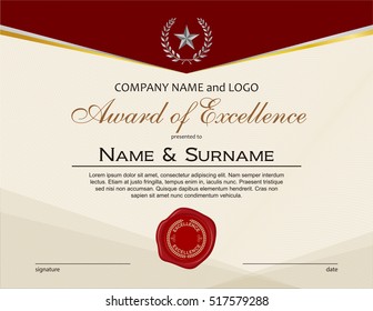 Award Of Excellence With Wax Seal And Ribbon