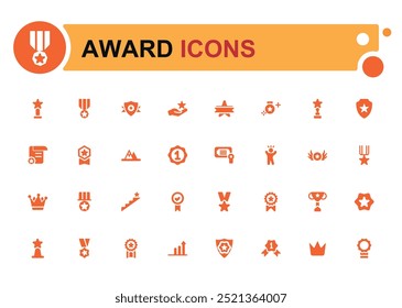 Award filled icon set. Winner medal, victory cup and trophy reward. Filled icons set, glyph symbol for web and ui. Solid icon set. Vector illustration.