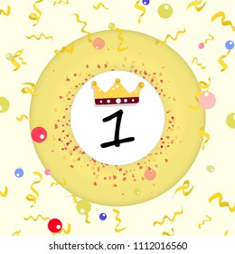 Award first place, one for all gold prize badge with paper confetti scatter splashing flat design background vector illustration
