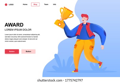 Award flat landing page composition. Happy guy holding golden trophy cup. Colorful people character with noise texture vector illustration. Personal challenge and celebration of achievements.