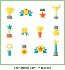 Award flat set of trophy medals. Flat trophy icons in vintage colours.
