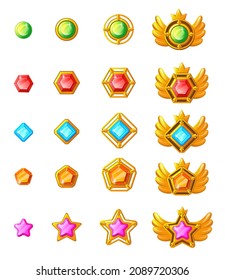 Award game progress. Diamond medals, game ranking for ui, set cartoon vector illustration. Award gui, game amulet and diamond