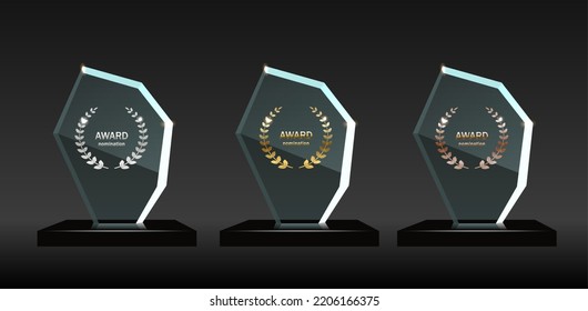 Award glass trophy vector illustration. Realistic crystal acrylic prizes with blank golden, silver and bronze badge medals for winners, 3d championship victory reward collection of isolated on black