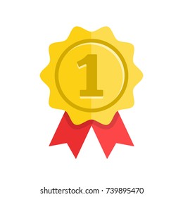 Award. Gold Medal With Red Ribbons. First Place, Winner, Prize, Achievement, Accomplishment Concepts. Modern Flat Design Vector Icon