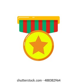 Award Gold medal with Star Circle Icon. Flat Design Vector. Award isolated on white background with highlights. Striped badge. Sign with safety pin. The reward for the winner. Rewarding. Eps 10. Prize