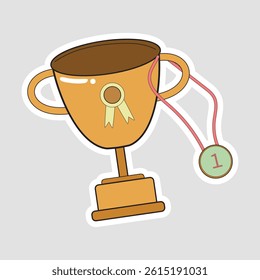 Award Gold Trophy Cup Vector Illustration Sticker. Cartoon-style gold trophy with medal. Perfect for representing success, achievement, or sports awards in fun designs and educational material
