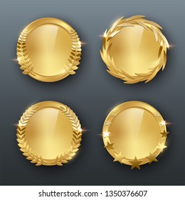 Award Golden Blank Medals 3d Realistic Illustration. First Place Medals With Laurel Leaves. Certified. Quality Blank, Empty Badge, Emblem Set.