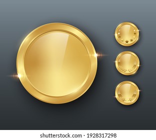 Award golden blank medals 3d realistic illustration. First place medals with laurel leaves. Certified. Quality blank, empty badge, emblem set