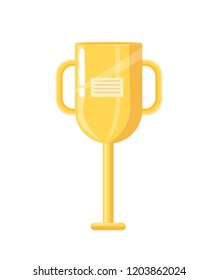 Award golden cup with label and handles. Trophy for winners, icon closeup. Achievement and prize for first place, isolated on vector illustration