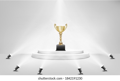  award golden cup on round pedestal with spotlight vector illustration