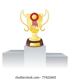 award golden cup with red rosette