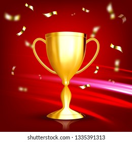Award Golden Cup Vector. Game Medal. Celebration Ceremony. Competition Symbol. Gilded Metal Object. Leader Tag. Athlete Power. 3D Realistic Illustration