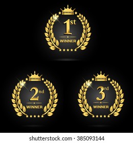 Award golden label of First, second and third winner. Vector set