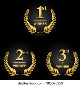 Award golden label of First, second and third winner. Vector set