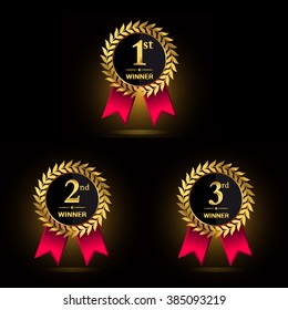 Award golden label of First, second and third winner. Vector set