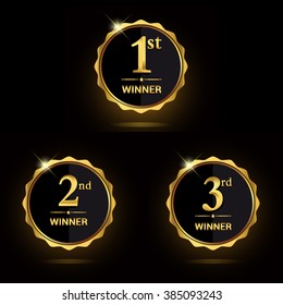 Award golden label of First, second and third winner. Vector set