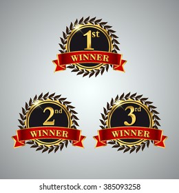 Award golden label of First, second and third winner. Vector set