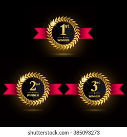 Award golden label of First, second and third winner. Vector set