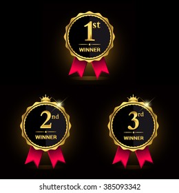 Award golden label of First, second and third winner. Vector set