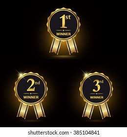 Award golden label of First, second and third winner. Vector set