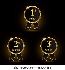 Award golden label of First, second and third winner. Vector set