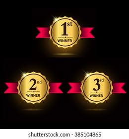 Galardonado sello dorado de los ganadores primero, segundo y tercero. Conjunto de vectores
