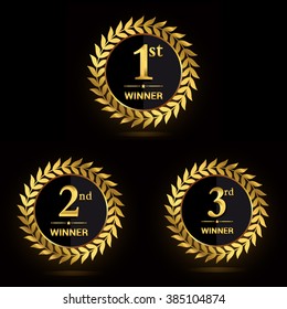 Award golden label of First, second and third winner. Vector set