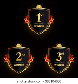 Award golden label of First, second and third winner. Vector set