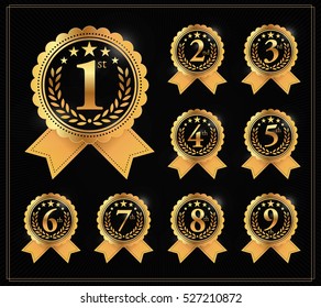 Award golden label of First, second and third winner. 1st, 2nd, 3rd, 4th, 5th, 6th, 7th, 8th and 9th Vector set