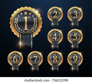 Award golden label of first, second and third or 1st, 2nd, 3rd, 4th, 5th, 6th, 7th, 8th and 9th winners. Set of gold vector numbers.