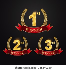 Award golden label of First, second and third winner. Set award winner first, second third and red ribbon.