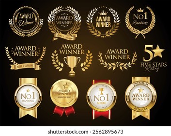 Award Golden luxury labels and badges premium quality certificate ribbons vector illustration 