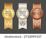 Award golden, silver and bronze blank medals 3d vector realistic illustration. Realistic medal set. Medal icon collection. First, second and third place medals or buttons 