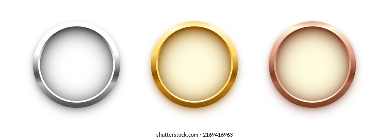 Award golden, silver and bronze blank medals 3d realistic illustration. First, second and third place medals or buttons isolated on white background. Certified. Quality blank, empty badge, emblem set