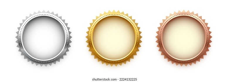 Award golden, silver and bronze blank medals 3d realistic illustration. First, second and third place medals or buttons isolated on black background. Certified. Quality blank, empty badge, emblem set.