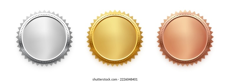 Award golden, silver and bronze blank medals 3d realistic illustration. First, second and third place medals or buttons isolated on black background. Certified. Quality blank, empty badge, emblem set.