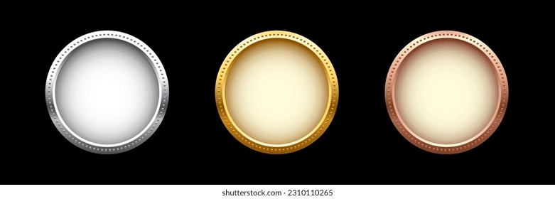 Award golden, silver and bronze blank medals 3d realistic illustration. First, second and third place medals or buttons isolated on black background. Certified. Quality blank, empty badge, emblem set.