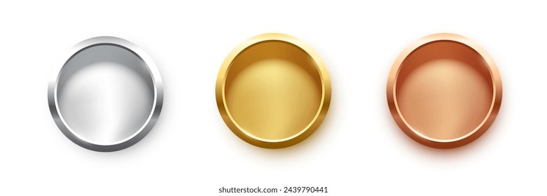 Award golden, silver and bronze blank medals 3d vector realistic illustration. First, second and third place medals or buttons isolated on white background. Quality blank, empty badge, emblem set.