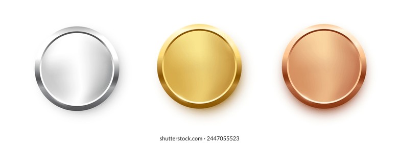 Award golden, silver and bronze blank medals 3d vector realistic illustration. First, second and third place medals or buttons isolated on white background. Quality blank, empty badge, emblem set.