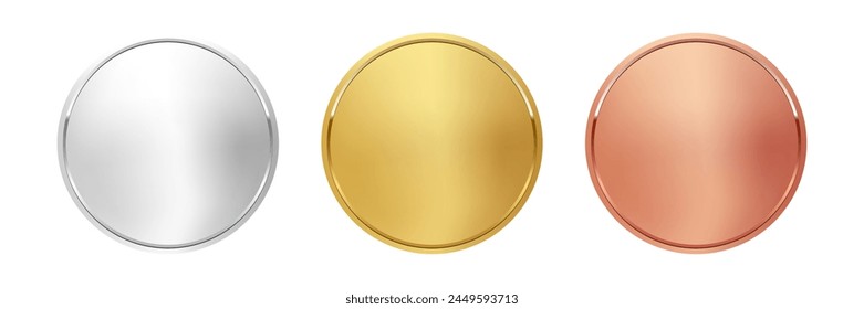 Award golden, silver and bronze blank medals 3d vector realistic illustration. First, second and third place medals or buttons isolated on white background. Quality blank, empty badge, emblem set.