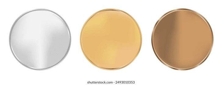 Award golden, silver and bronze blank medals 3d vector realistic illustration. First, second and third place medals or buttons isolated on white background. Quality blank, empty badge, emblem set.