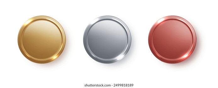 Award golden, silver and bronze blank medals isolated. 3d realistic round frames medal or coin, winner emblem