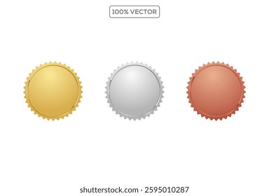 Award golden, silver and bronze blank medals 3d vector realistic illustration. First, second and third place medals or buttons isolated on transparant background. Quality blank, empty badge