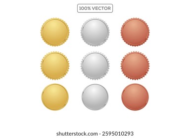 Award golden, silver and bronze blank medals 3d vector realistic illustration. First, second and third place medals or buttons