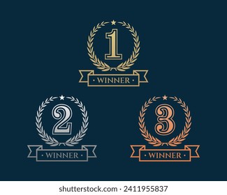 Award golden, silver, and bronze laurel wreaths with ribbons of First, second, and third winners. Vector set